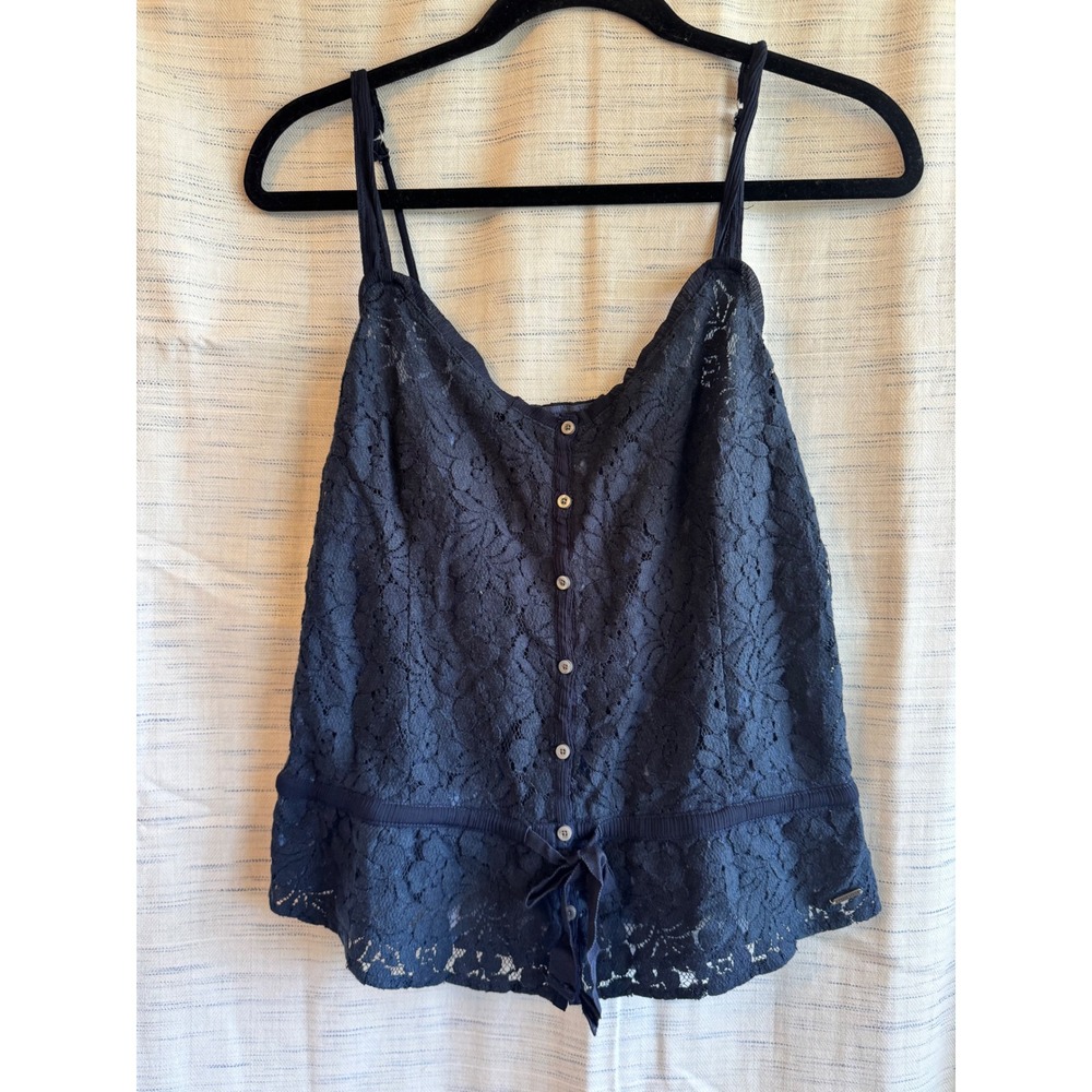 Y2K Hollister Navy Blue Floral Lace Button Down Camisole Top Boho Peplum Tank M